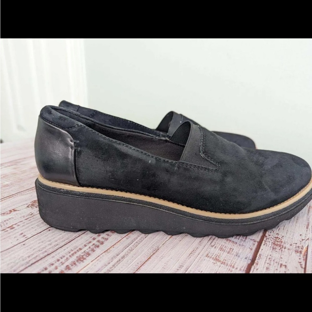 Clarks Womens Loafers Size 8 Black Slip On Wedge Sharon Dolly Suede Shoe